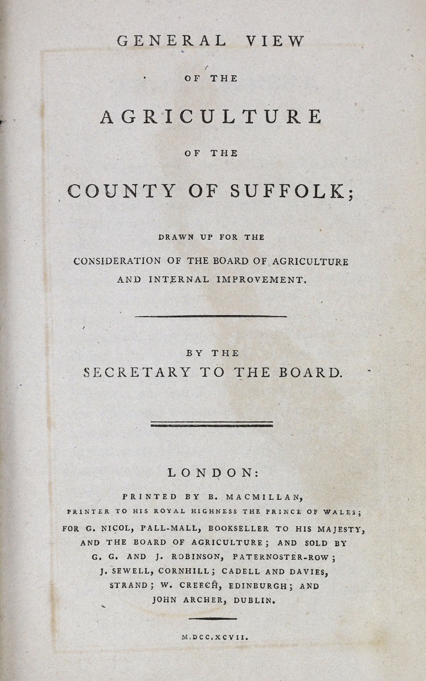 SUFFOLK: (Young, Arthur) General View of the Agriculture of the County of Suffolk ... (2nd edition). folded and hand-coloured map, 2 folded plates, half title; contemp. half calf and marbled boards, gilt-ruled and letter